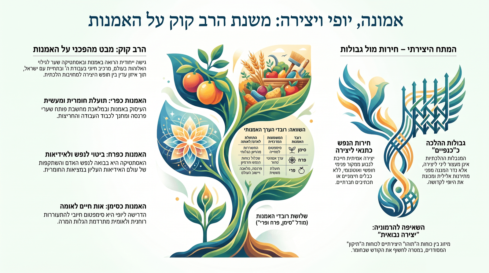 תרשים המסכם את משנת הרב קוק על האמנות: שלושת רובדי האמנות — סימן, פרח ופרי — לצד המתח היצירתי בין חירות לגבולות ותפיסת "ההלכה ככנפיים".